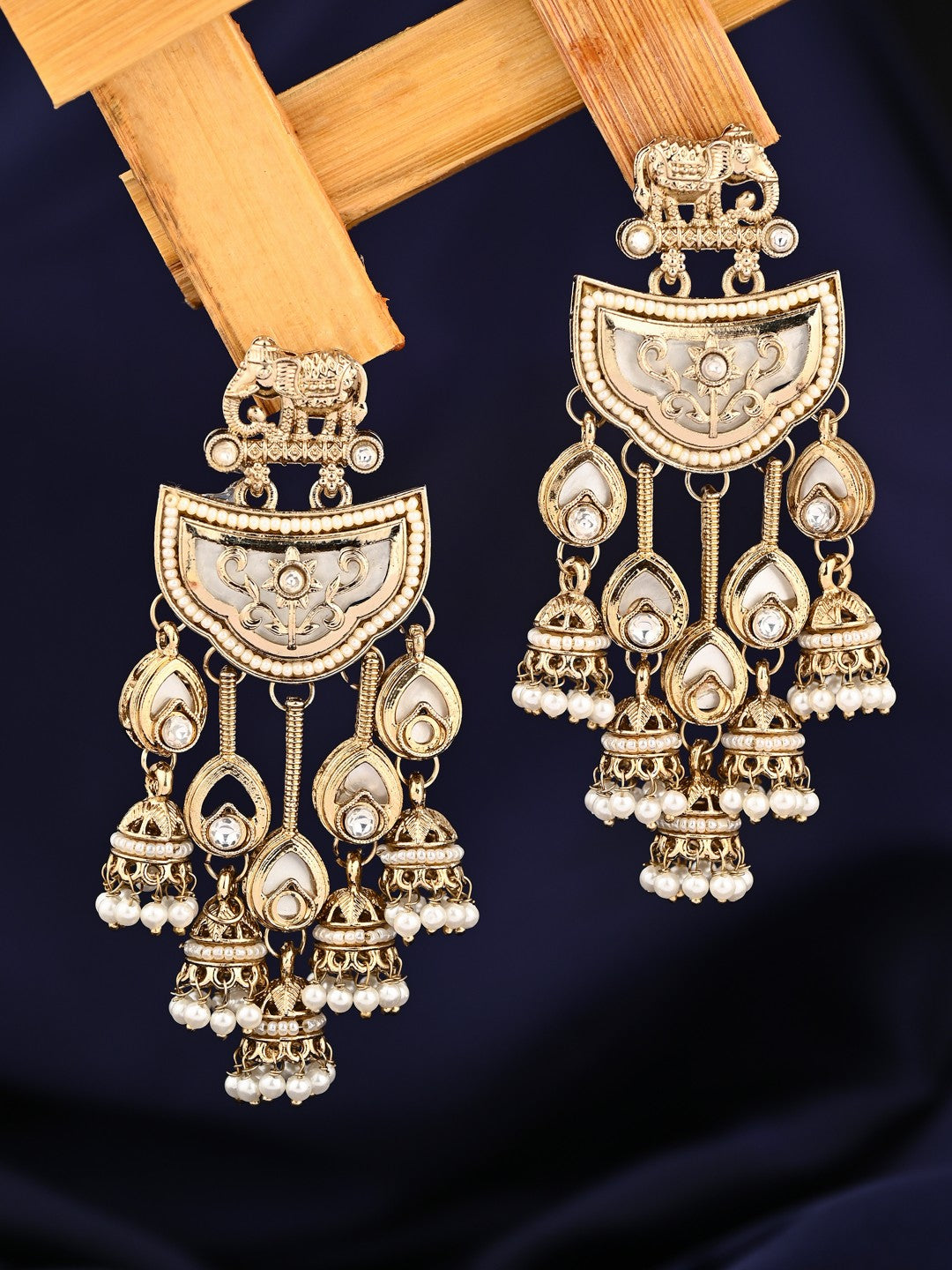 Gold-Toned MOP Chandelier Earrings with Jhumka Drops