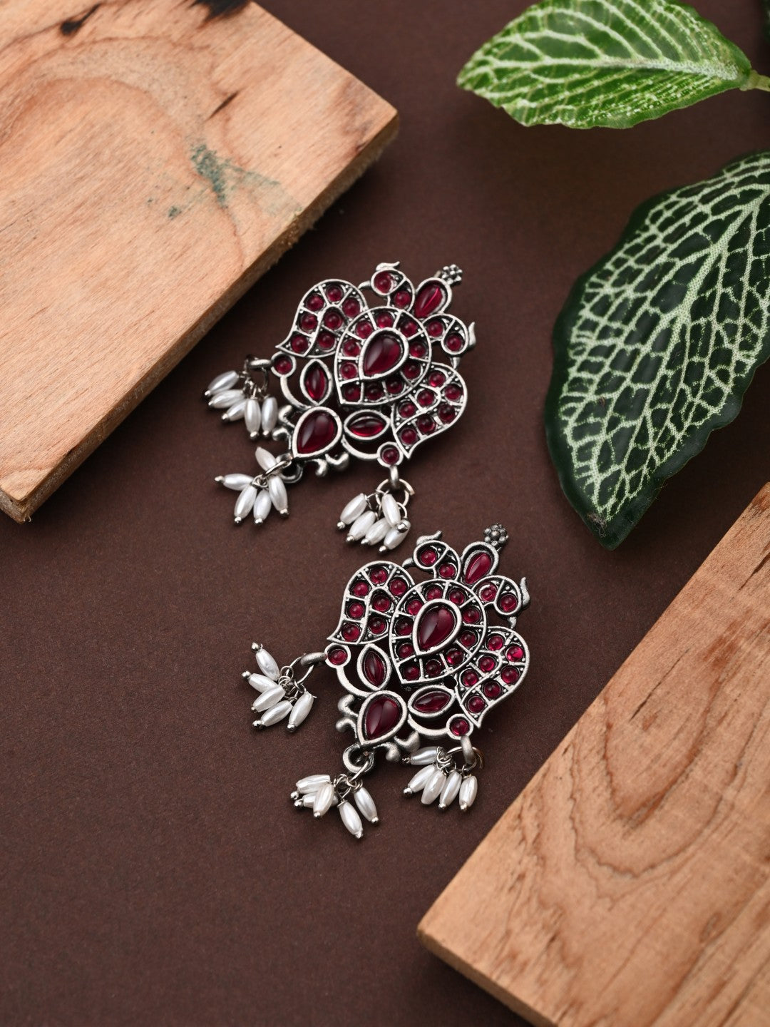 Stones Studded Bird Studs- red