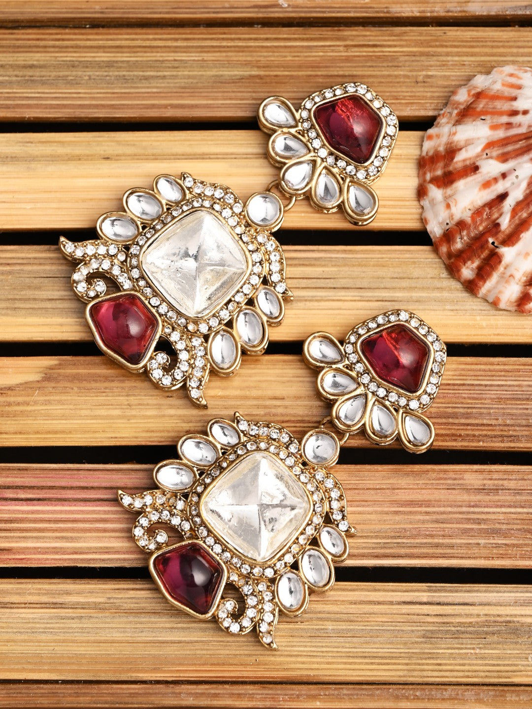 Gold plated kundan Drop Earrings red