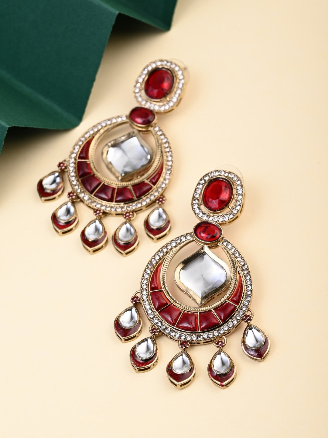 Kundan Chandbali Earrings with Teardrop Danglers- Red