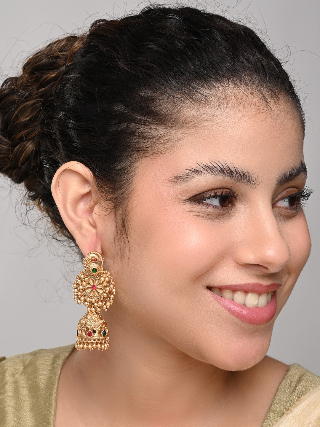 Gold plated temple bird & jhumka earring