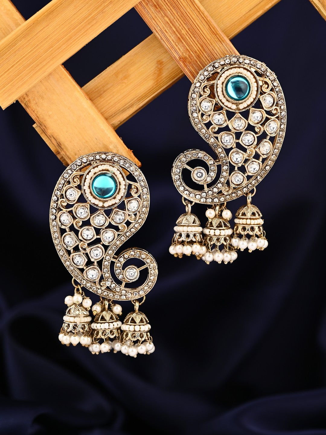 Gold-Toned Paisley Stud Earrings with Stones and Pearl jhumka Drops