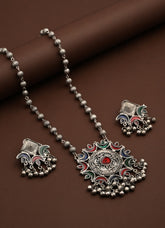 Silver Oxydised finish Circular Pendant necklace set with colourful Meenakari