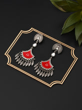 Silver Oxidised finish Red hand painted drop earring