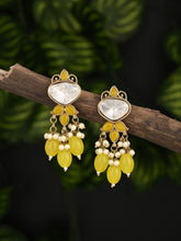 Gold plated Kundan & Pearl drop Earrings- Yellow