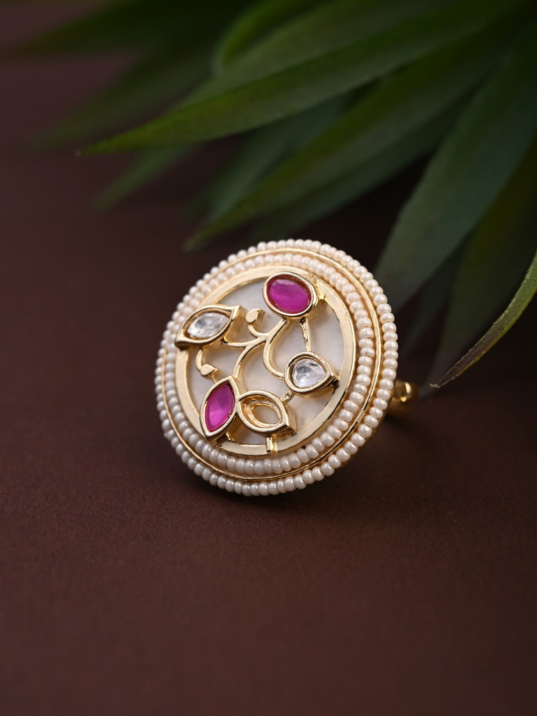 Ruby Branch Kundan Pearl Ring