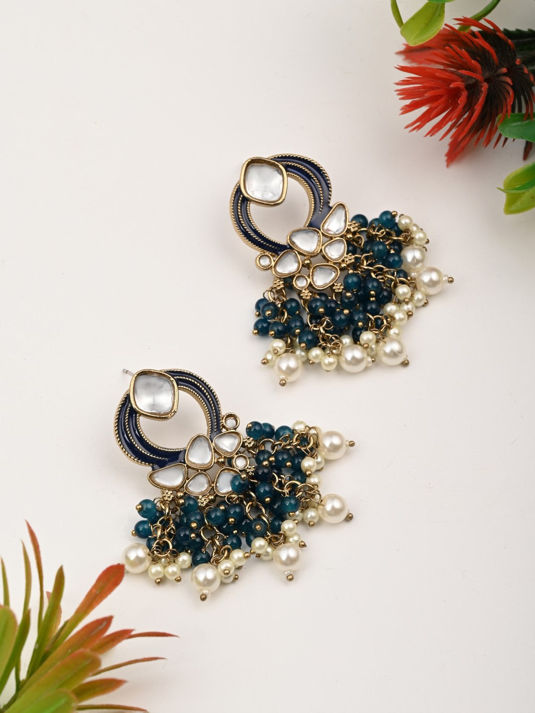 Gold-Plated Meenakari Stud Earrings with Kundan & Pearl Cluster drops - Blue