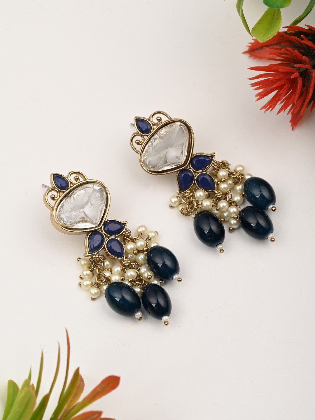Gold plated Kundan & Pearl drop Earrings- Blue