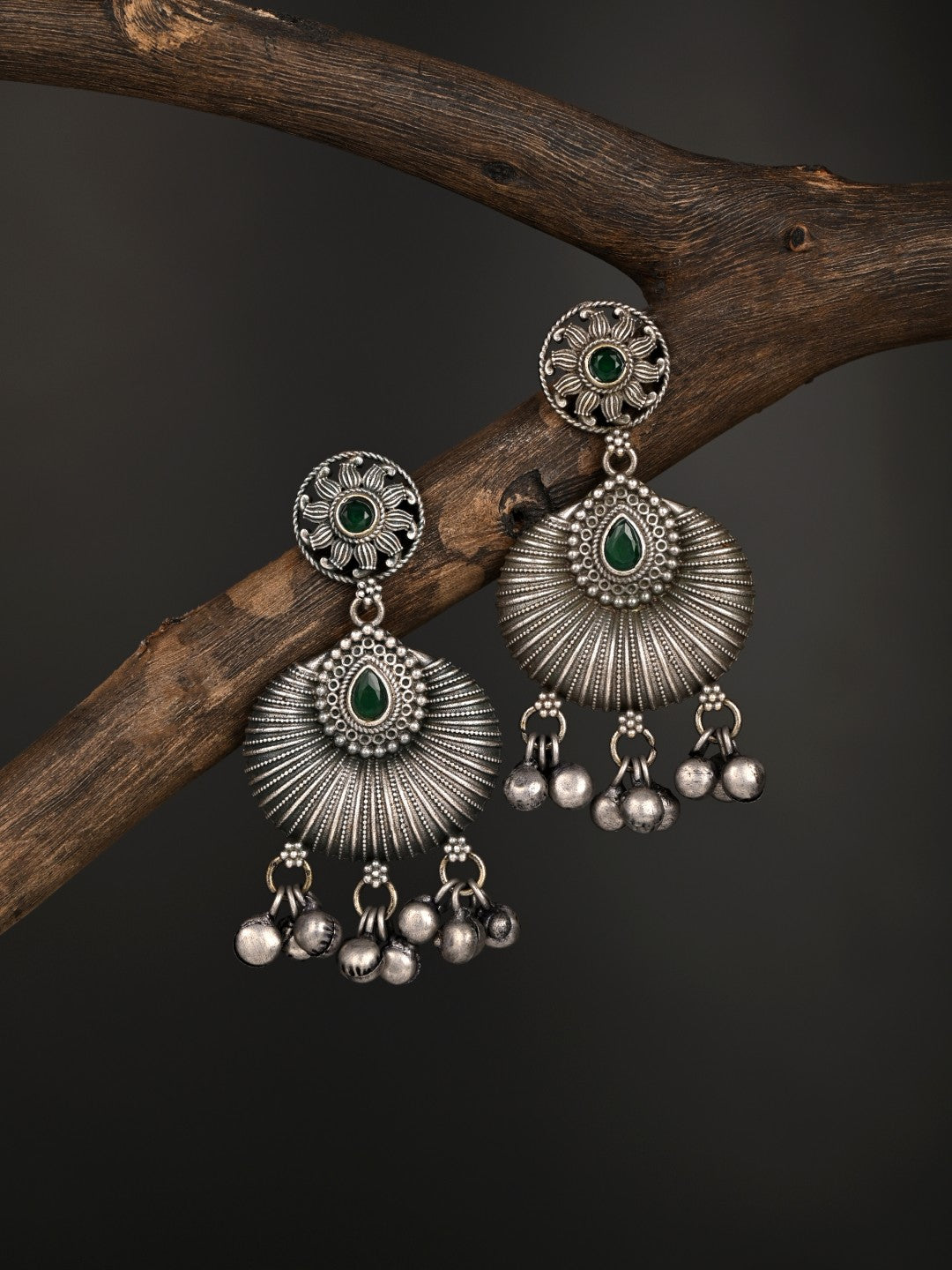 Silver oxidised finish chandbali Green