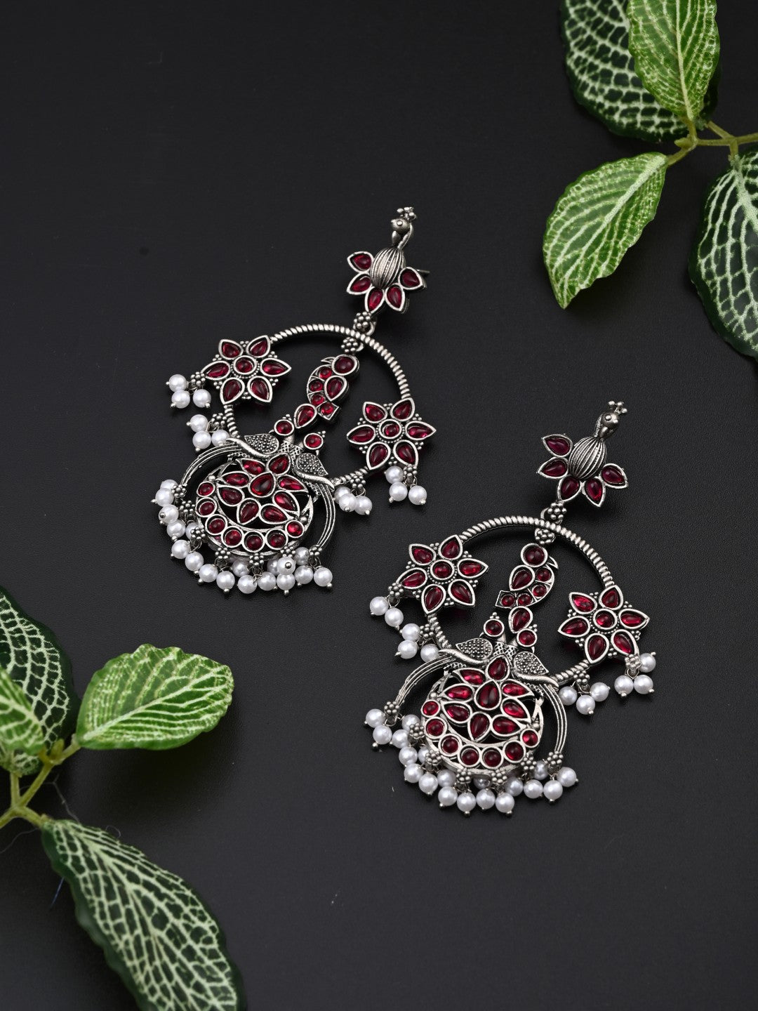 Silver plated contemporary Chandbali with Pink stones