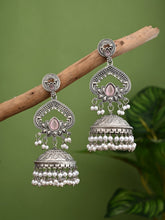 Silver plated long Jhumka - Pink