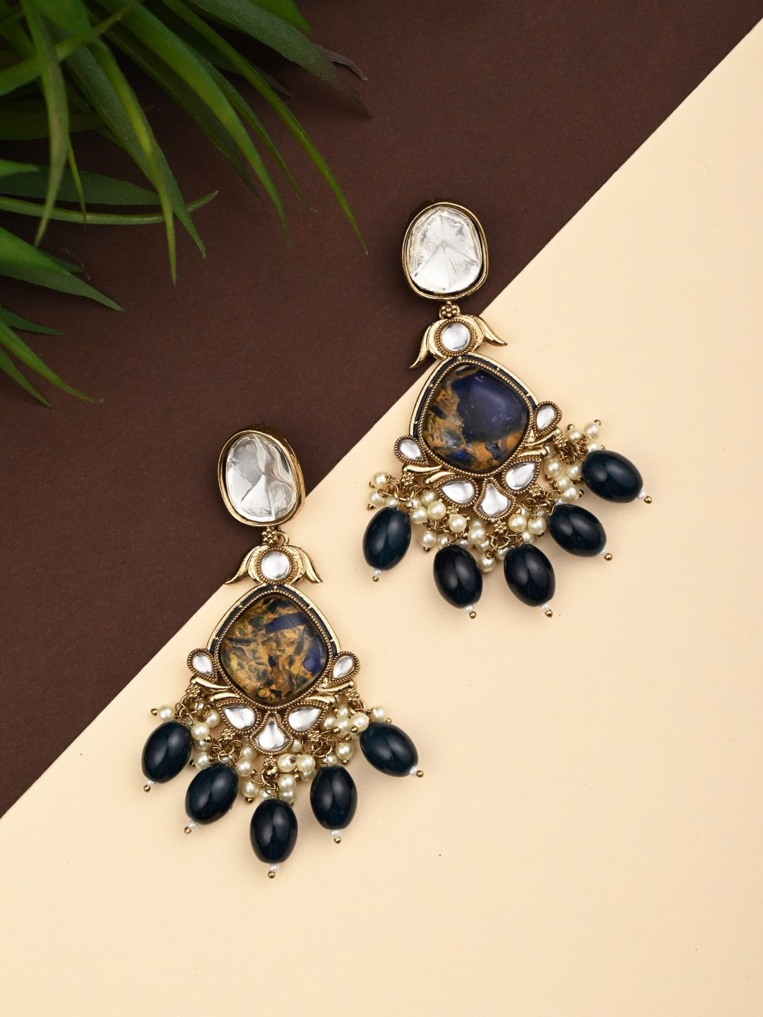 Gold plated two tone Pear shaped stone drop earring - Blue