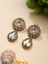 Gold plated Flower Stud with tear drop earring - White