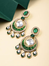 Kundan Chandbali Earrings with Teardrop Danglers- Green