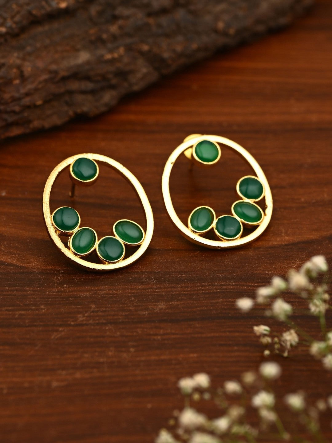 Green Stone Gold-Toned Oval Statement Earrings