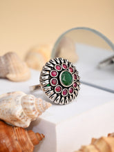 Red & green stone circular adjustable ring