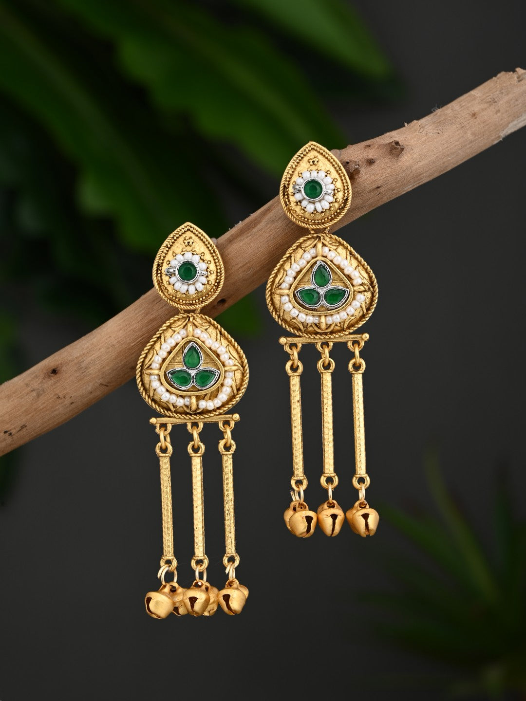 Antique Gold Temple Drop Earrings Green