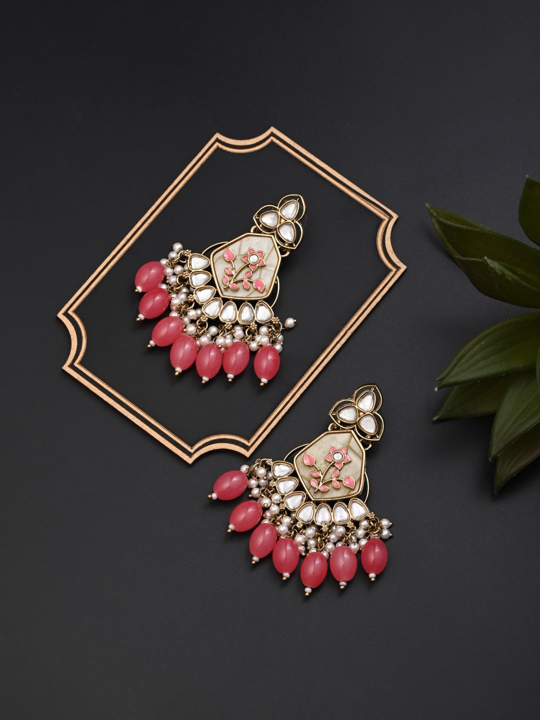 Contemporary kundan, MOP & Meenakari chandbali Earring - coral