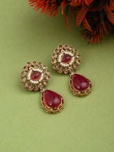 Gold plated Flower Stud with tear drop earring - Pink