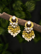 Gold-Plated Meenakari Stud Earrings with Kundan & Pearl Cluster drops - yellow