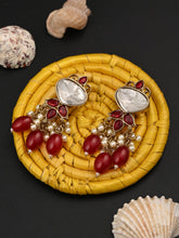 Gold plated Kundan & Pearl drop Earrings- Red