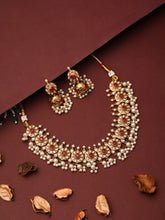 Gold-Plated Kemp Stone Necklace Set with Jhumka Earrings Red