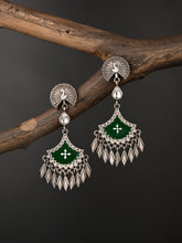Silver Oxidised finish Green hand painted drop earring