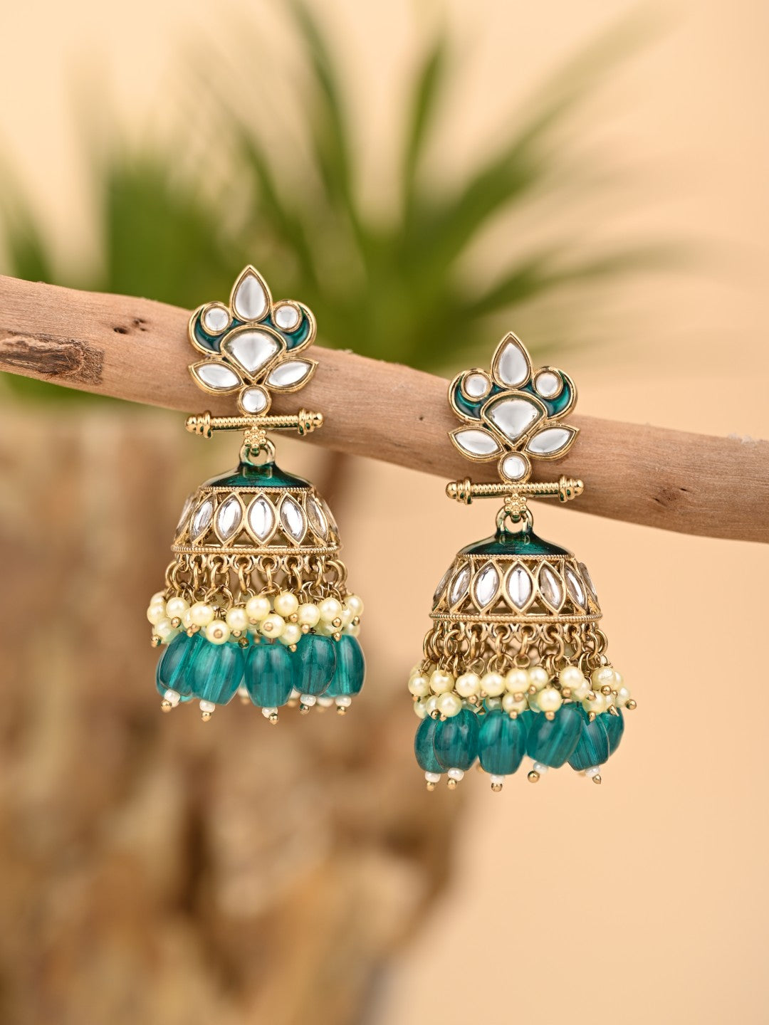 Gold plated Kundan & Meenakari Jhumka Earrings - Teal