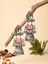 Silver oxydised lightweight long Jhumka with Pink Stone
