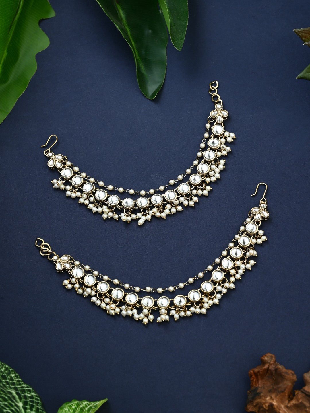 Kundan & Beads double layered ear chains