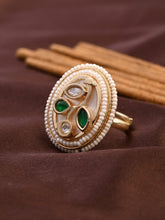 Oval Mother of Pearl Leaf Motif Brass Ring