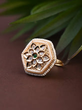 Hexagon Floral Kundan Pearl Brass Ring