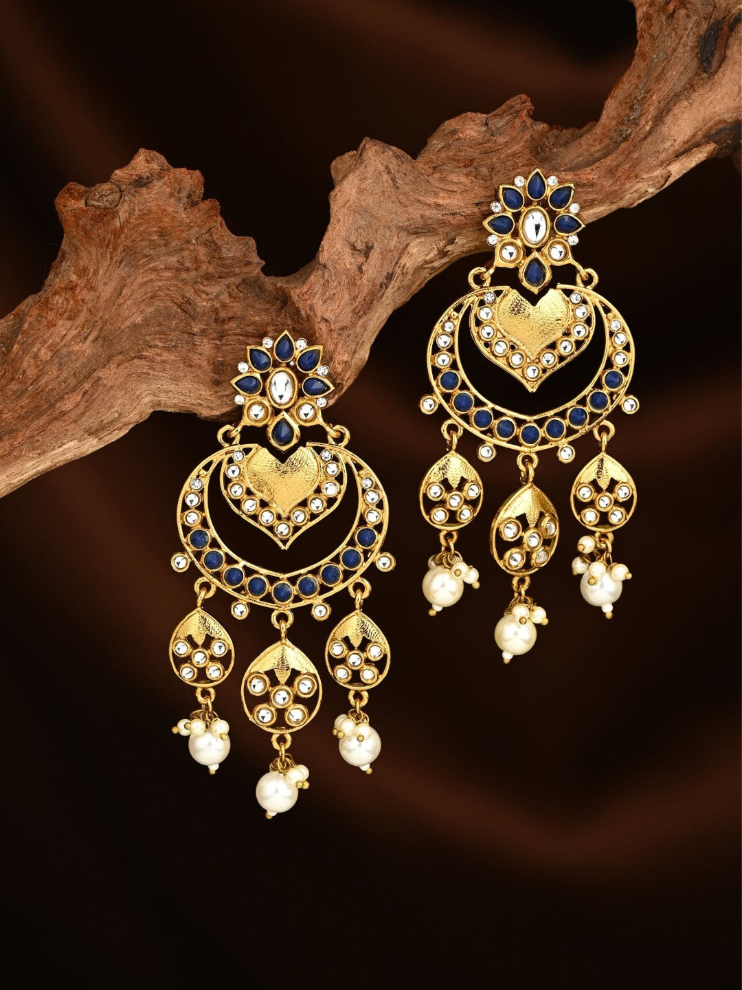 Anaiah Blue Kundan Chandbali Earrings with Pearl Drops