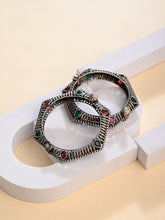 Hexagonal Oxidized Bangle with Red-Green Stones