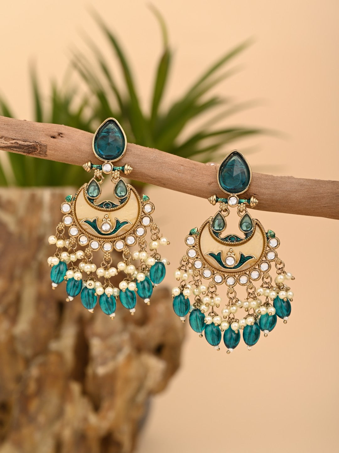 Gold-Plated Meenakari Chandbali Earrings with Kundan & Pearl Drops - Teal