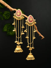 Gold Pink Meenakari Jhumka Drop Earrings