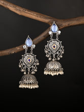 Silver oxydised lightweight long Jhumka Earring - Blue