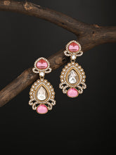 Gold plated kundan Pear shaped Drop Earrings Pink