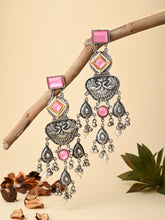 Silver oxydised lightweight long Drop Earring with Pink Stone