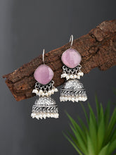 Silver Oxidised finish Jhumka with Pink Stone