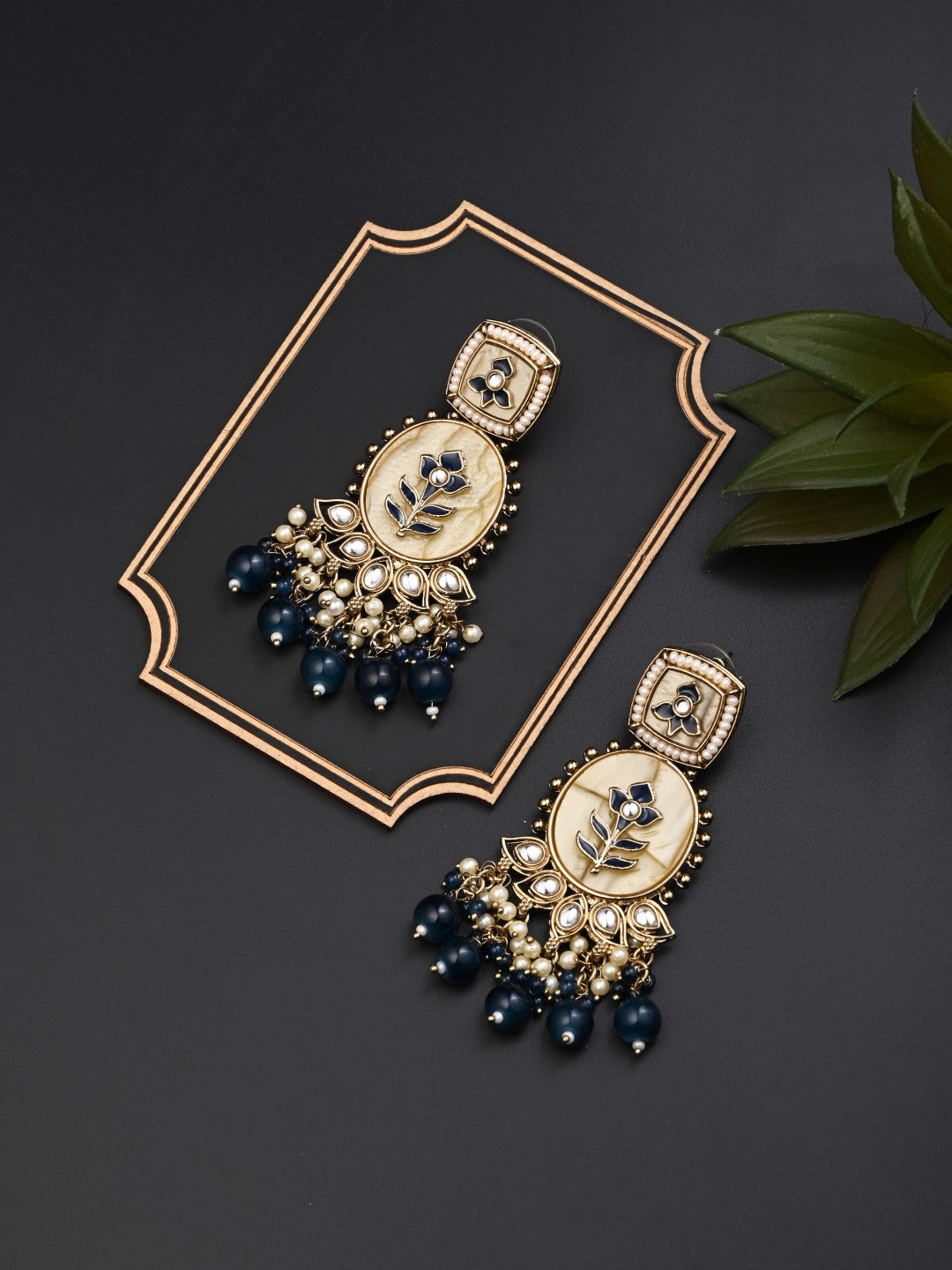 Contemporary kundan, MOP & Meenakari Drop Earring Blue