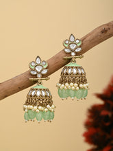 Gold plated Kundan & Meenakari Jhumka Earrings - sage green