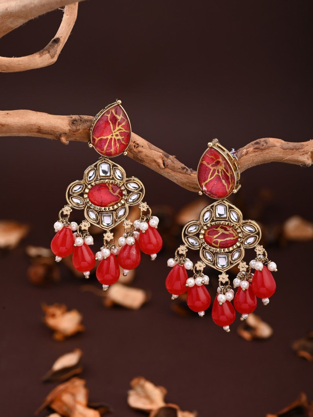 Gold-Plated Red Kundan Chandelier Earrings with Bead Drops