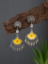 Silver Oxidised finish yellow hand painted drop earring