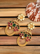 Gold-Plated Drop Earrings with Green & Red AD Stones
