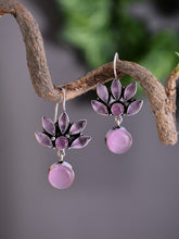 Silver Oxidized Lotus Drop Earrings Pink