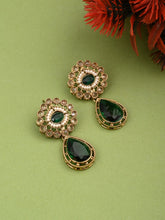 Gold plated Flower Stud with tear drop earring - Green