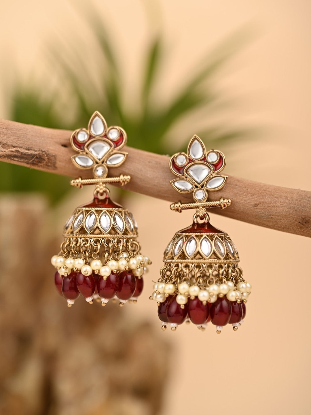 Gold plated Kundan & Meenakari Jhumka Earrings - Red