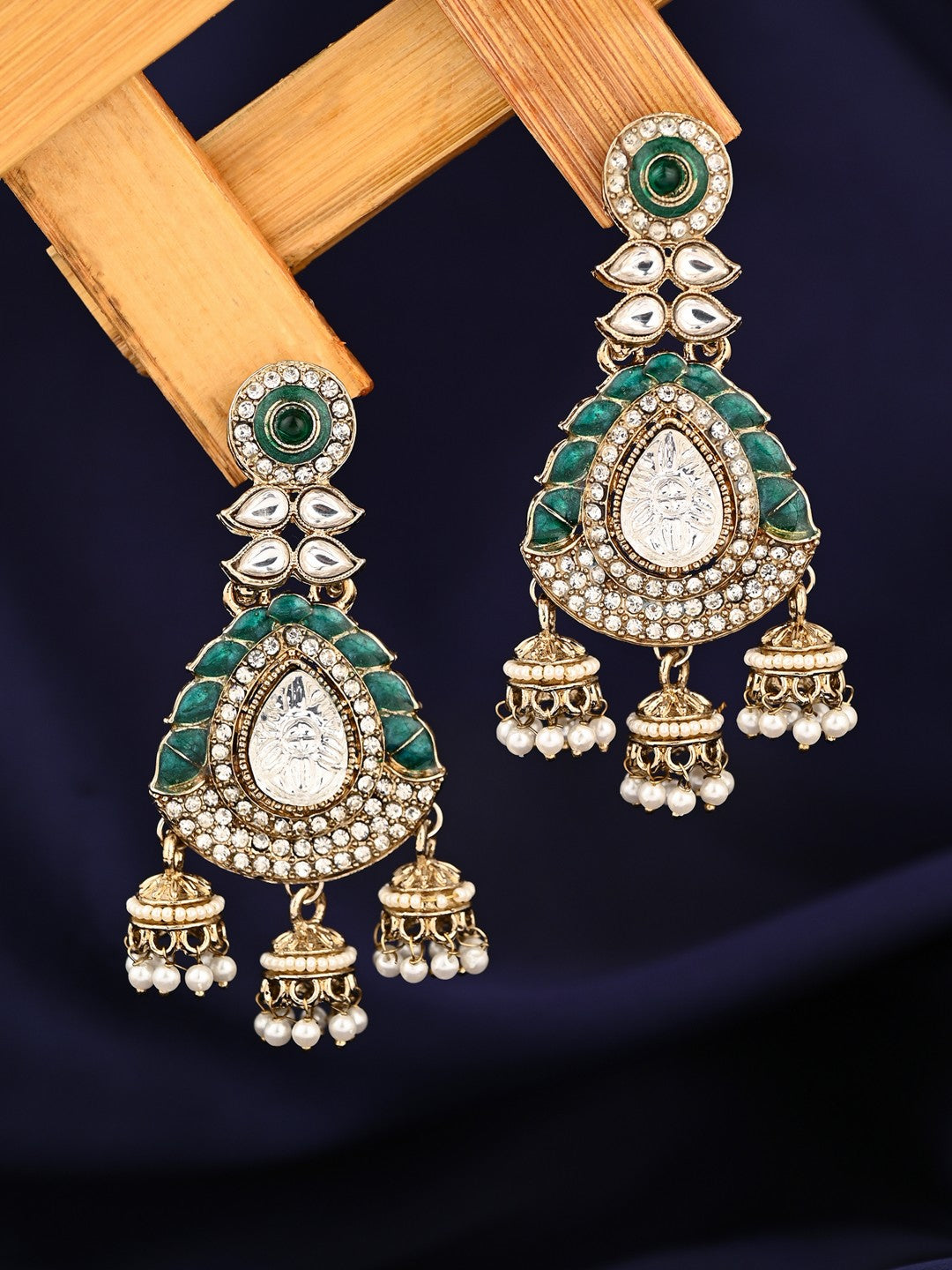 Kundan Chandbali Earrings with Jhumka Drops Green