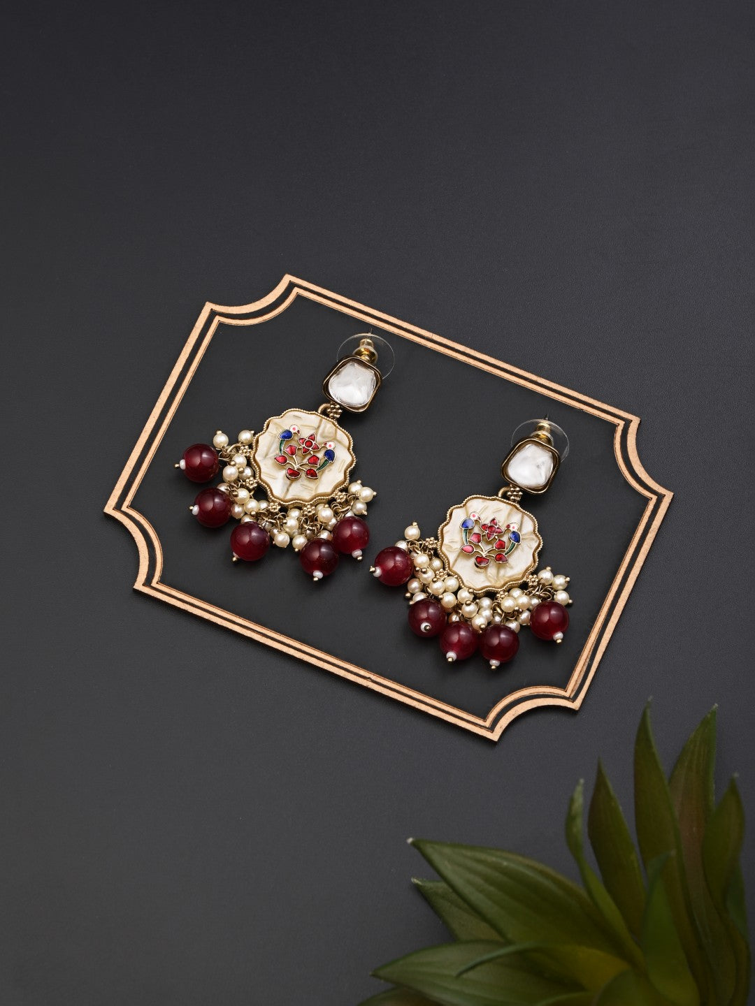 Contemporary kundan, MOP & Meenakari Drop Earring Red